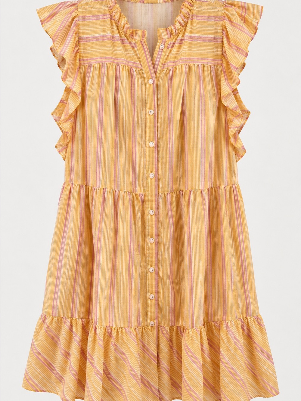 Womens Yellow Pink Striped Ruffle Button-Front Dress